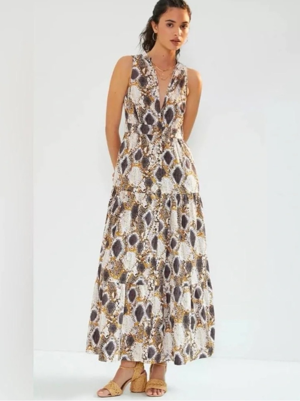 Anthropologie Sleeveless V-Neck Maxi Dress in Brown, Cream & Gold Print NWT 4P